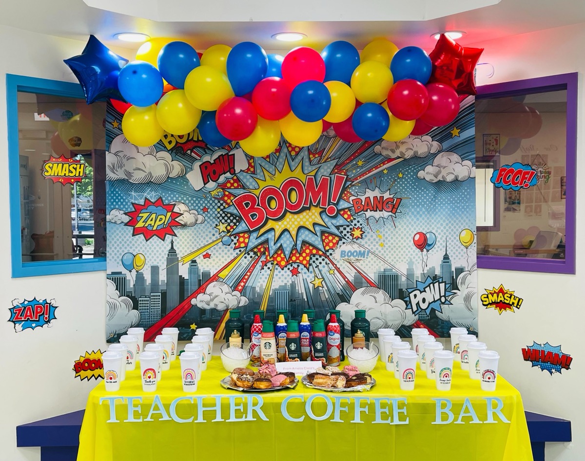 The superhero-themed Teacher Coffee Bar set up before the day began